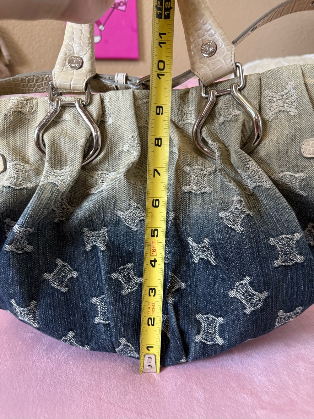 Authentic CELINE Macadam Ombre DENIM Bag Croc-Embossed Leather wSilver Hardware - Picture 15 of 16